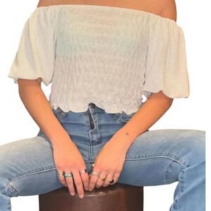 H&M White Peasant Off-Shoulder Smocked Top Poof Sleeves Size XL